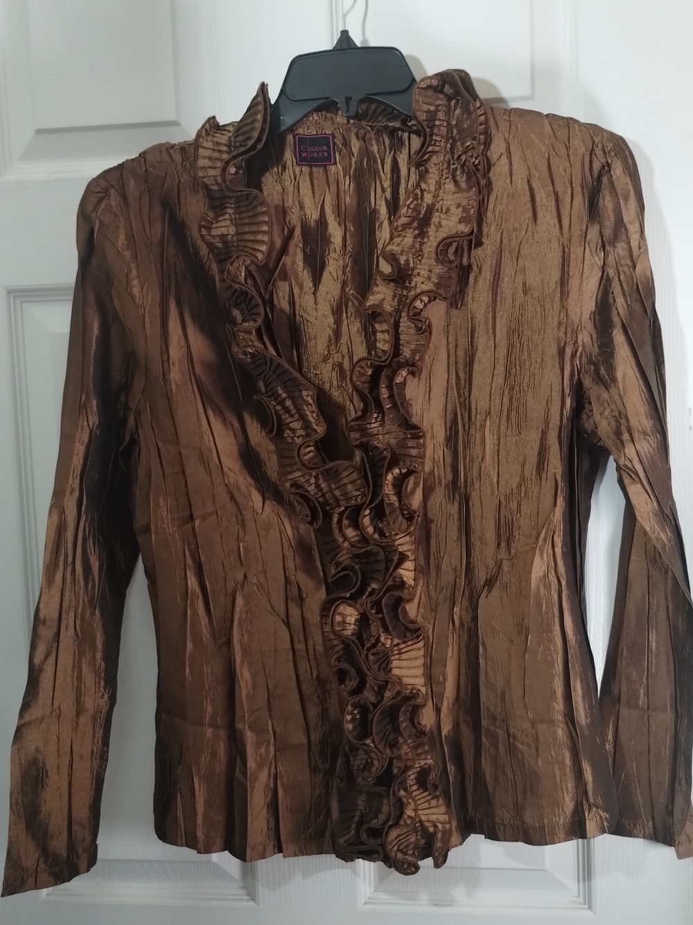 Crinkled Ruffled Metallic Bronze Long-Sleeve V-Neck Blouse